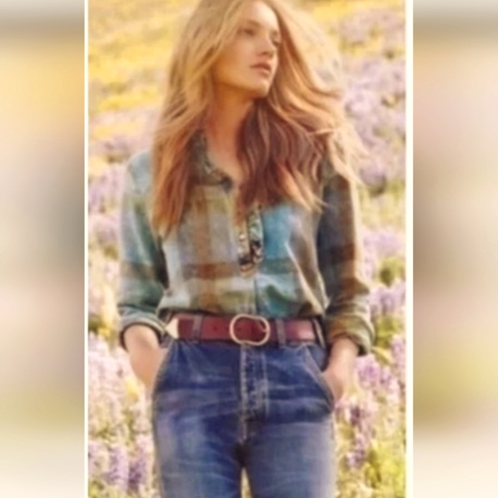 Anthropologie Isabella Sinclair Plaid Ruffle Henley Top Acid Wash .